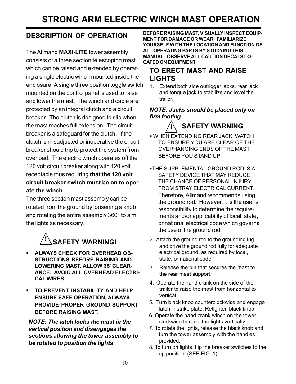 Strong arm electric winch mast operation | Allmand Brothers ML6-8 LD User Manual | Page 10 / 28
