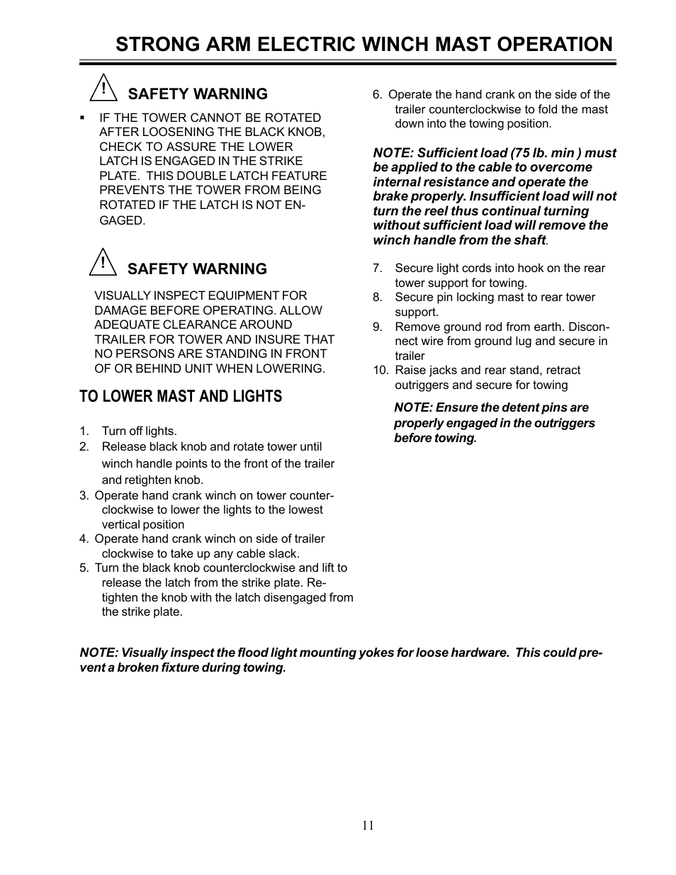 Strong arm electric winch mast operation | Allmand Brothers ML6-8 LD User Manual | Page 11 / 28
