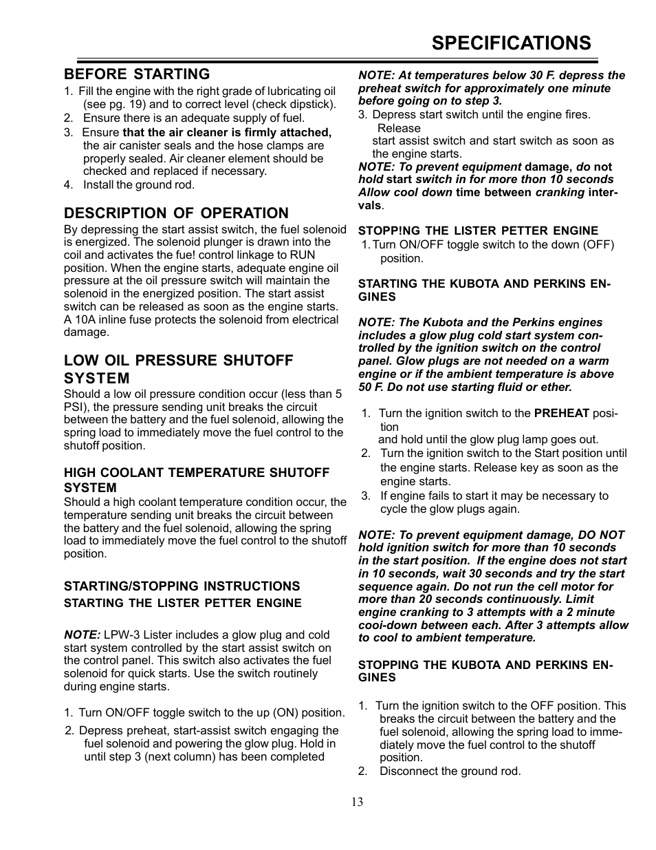 Specifications, Before starting, Description of operation | Low oil pressure shutoff system | Allmand Brothers ML6-8 LD User Manual | Page 13 / 28