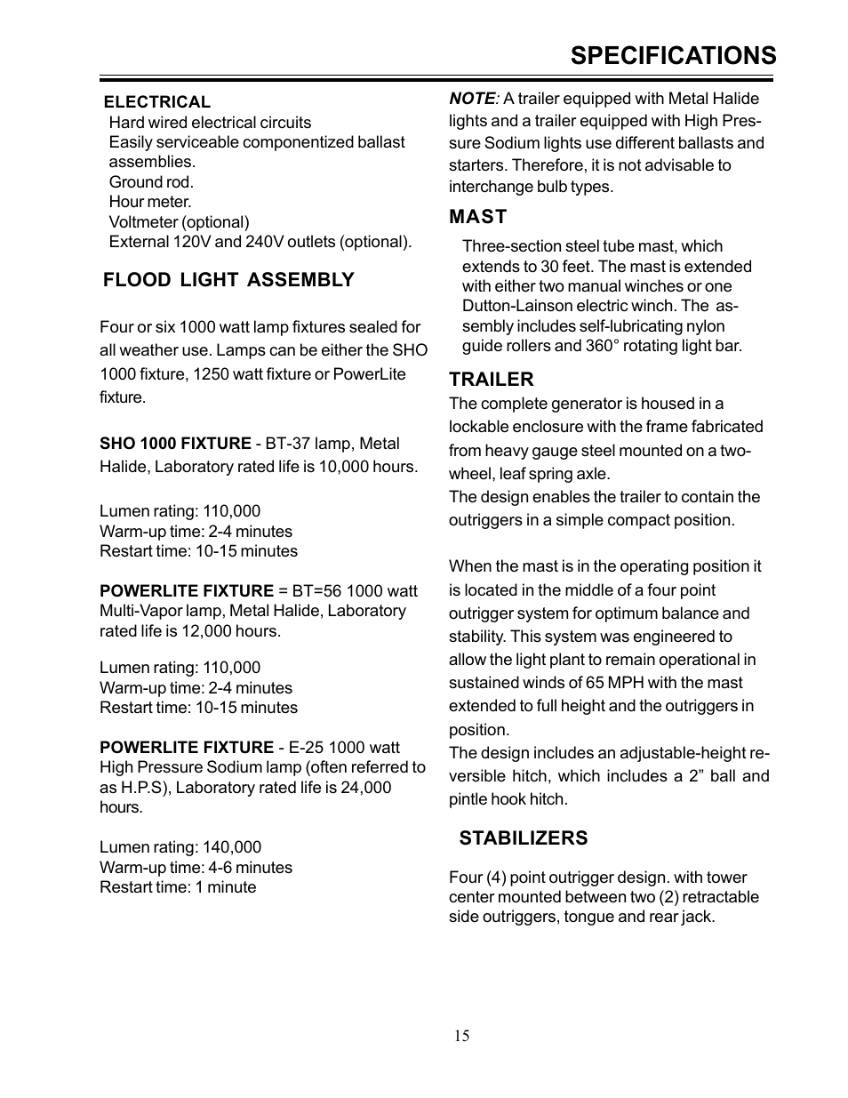 Specifications | Allmand Brothers ML6-8 LD User Manual | Page 15 / 28