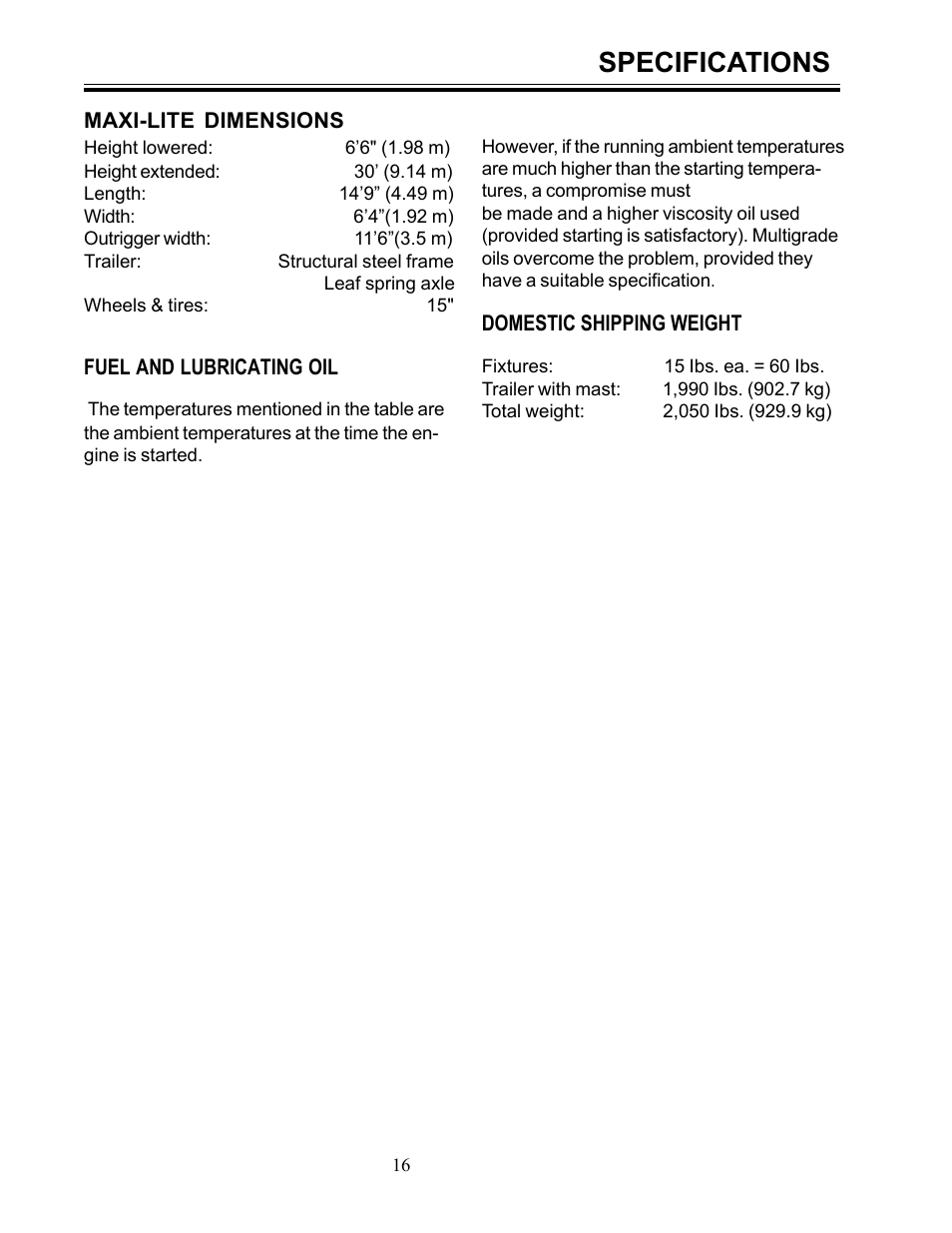 Specifications | Allmand Brothers ML6-8 LD User Manual | Page 16 / 28