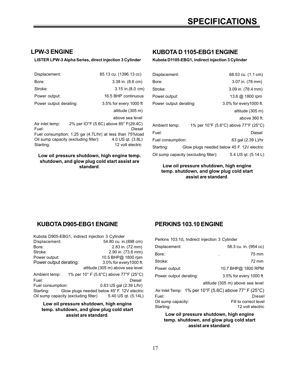 Specifications, Lpw-3 engine, Kubota d905-ebg1 engine | Allmand Brothers ML6-8 LD User Manual | Page 17 / 28