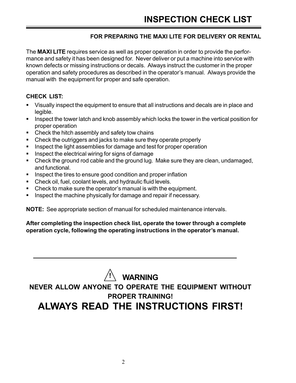 Always read the instructions first, Inspection check list, Warning | Allmand Brothers ML6-8 LD User Manual | Page 2 / 28
