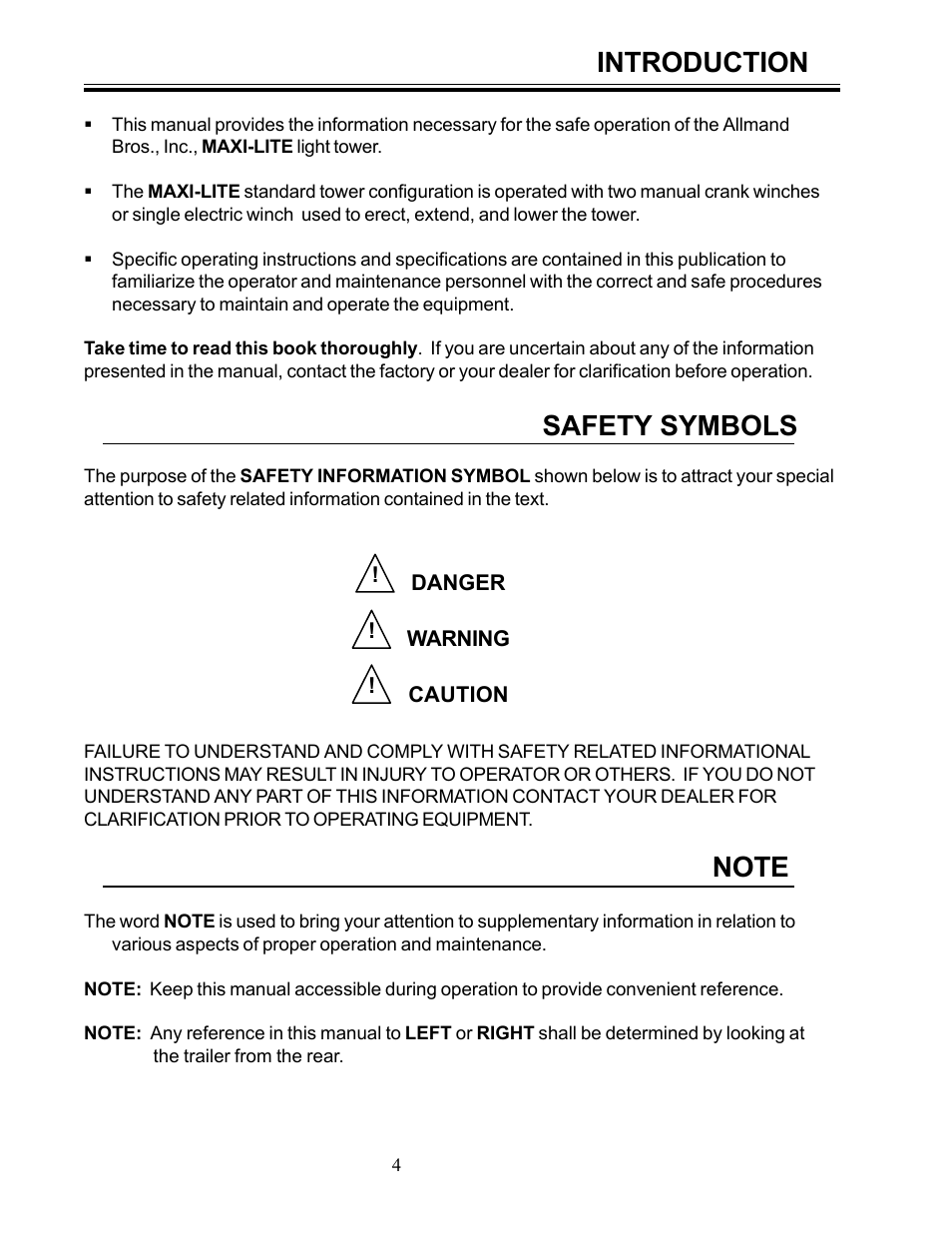 Introduction, Safety symbols | Allmand Brothers ML6-8 LD User Manual | Page 4 / 28