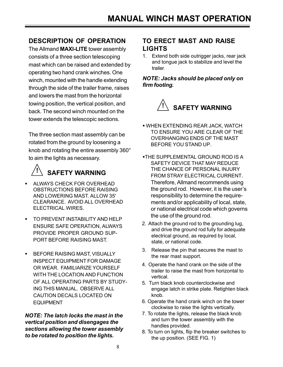 Manual winch mast operation | Allmand Brothers ML6-8 LD User Manual | Page 8 / 28