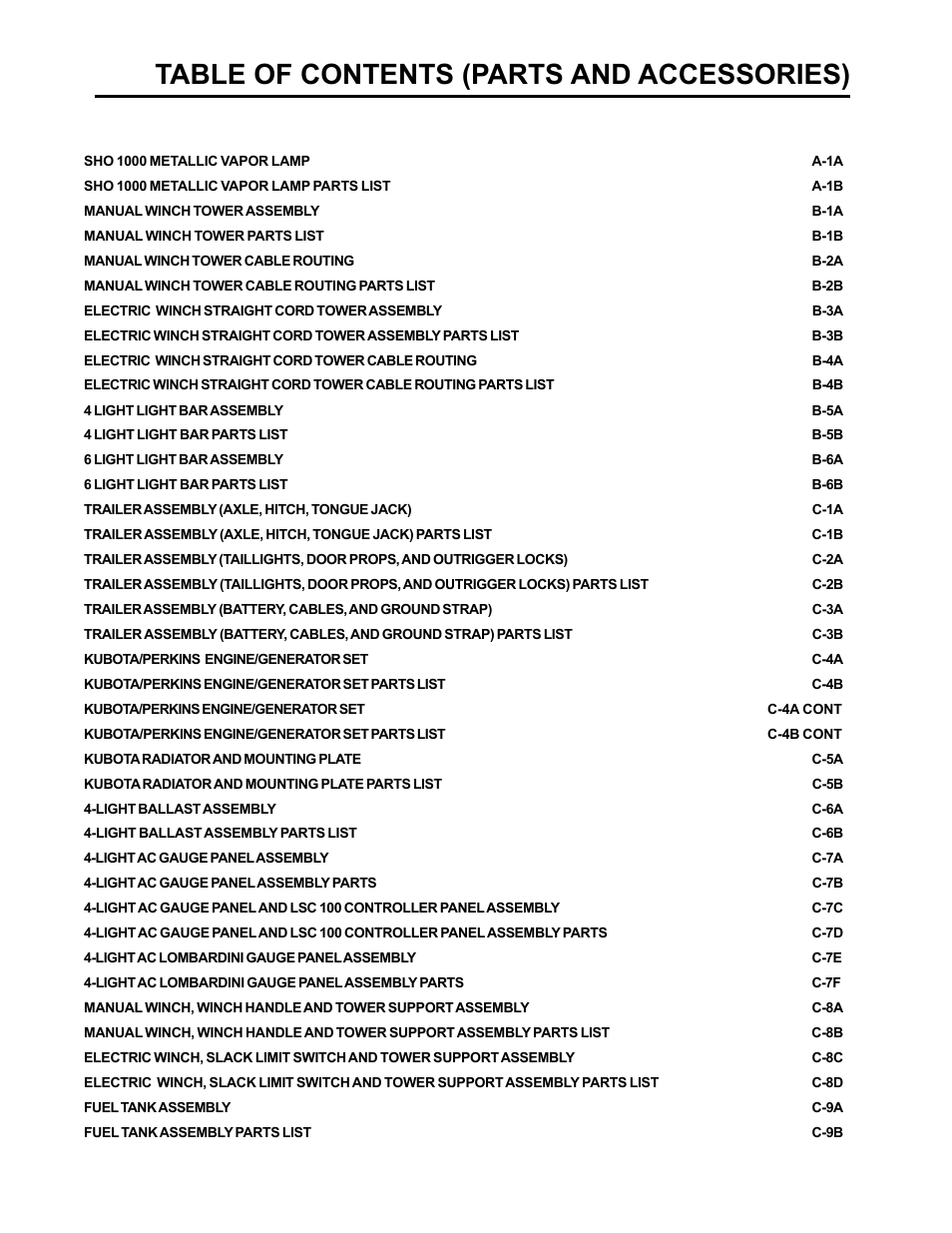 Maxi-lite series, Table of contents (parts and accessories) | Allmand Brothers ML6-8 LD User Manual | Page 2 / 87