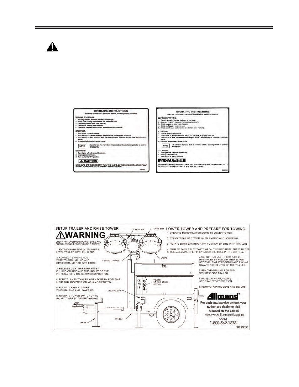 Safety and warning decals, Safety warning | Allmand Brothers VSERIES HYDRAULIC User Manual | Page 5 / 26