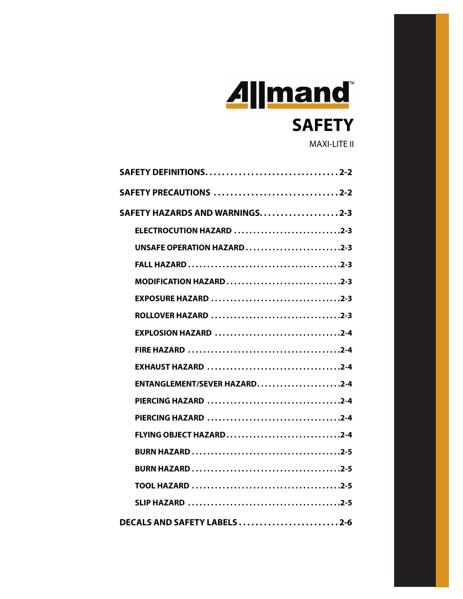 Safety | Allmand Brothers MAXI LITE II User Manual | Page 18 / 80