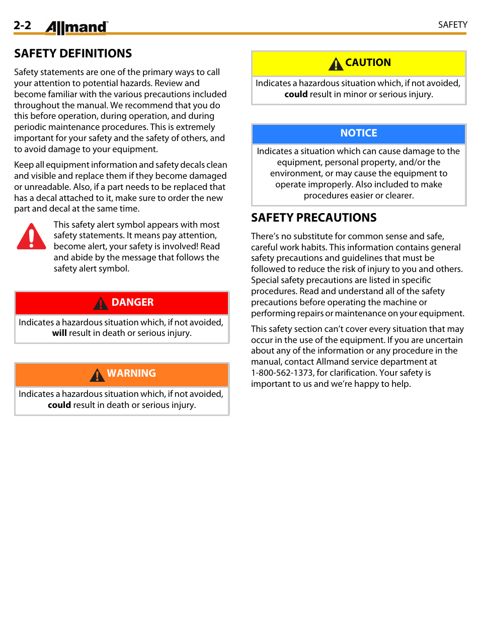 Safety definitions, Safety precautions | Allmand Brothers MAXI LITE II User Manual | Page 19 / 80