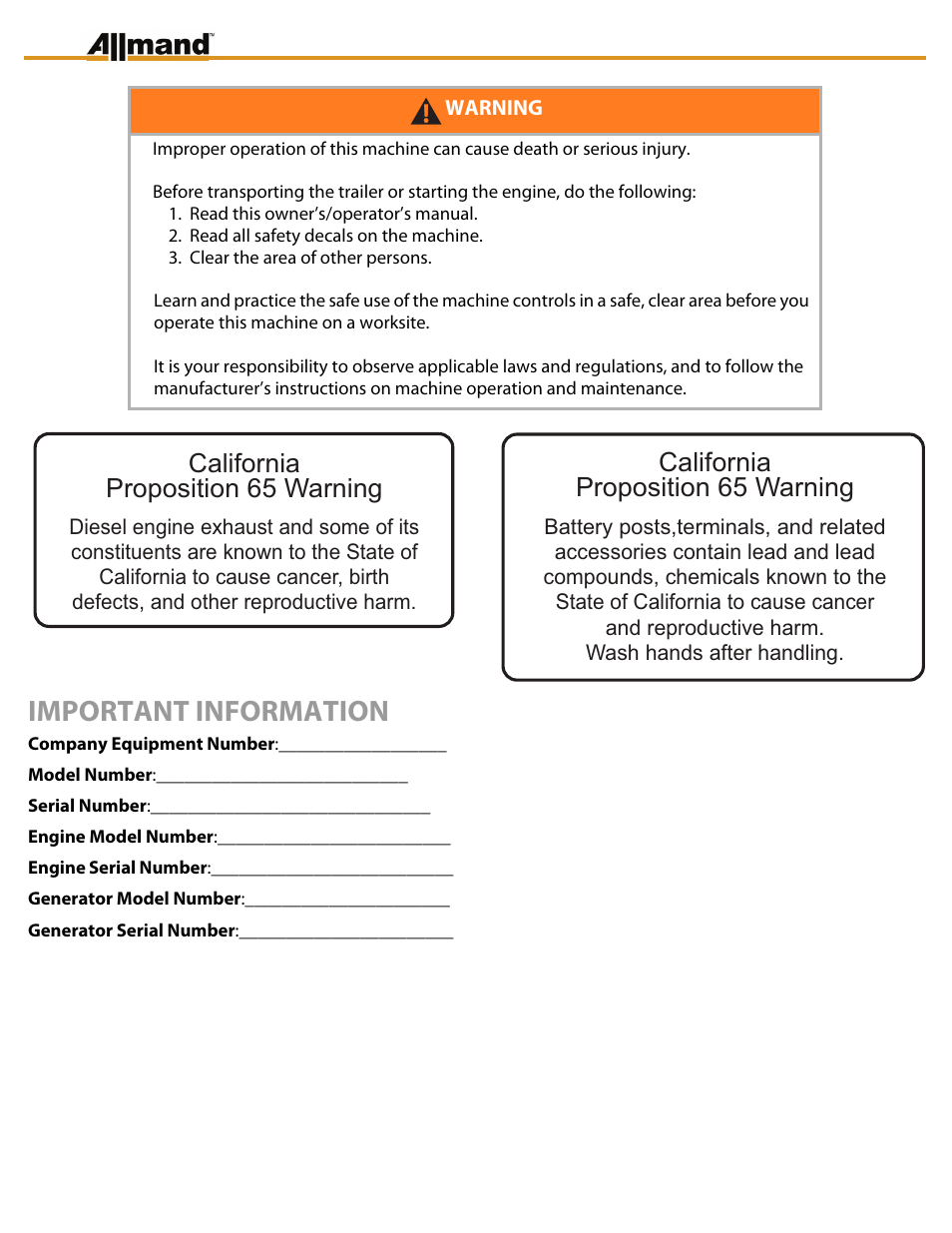 Important information, California proposition 65 warning | Allmand Brothers MAXI LITE II User Manual | Page 2 / 80