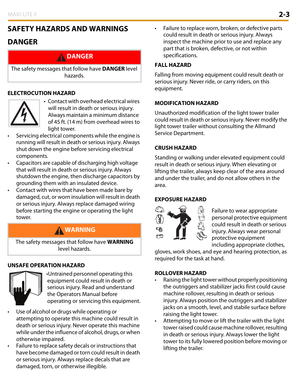 3 safety hazards and warnings danger | Allmand Brothers MAXI LITE II User Manual | Page 20 / 80