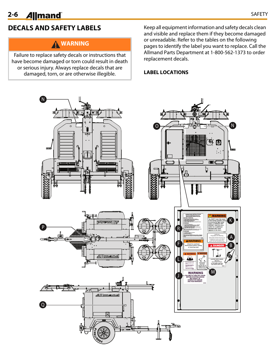 Decals and safety labels, Warning, Safety | Allmand Brothers MAXI LITE II User Manual | Page 23 / 80