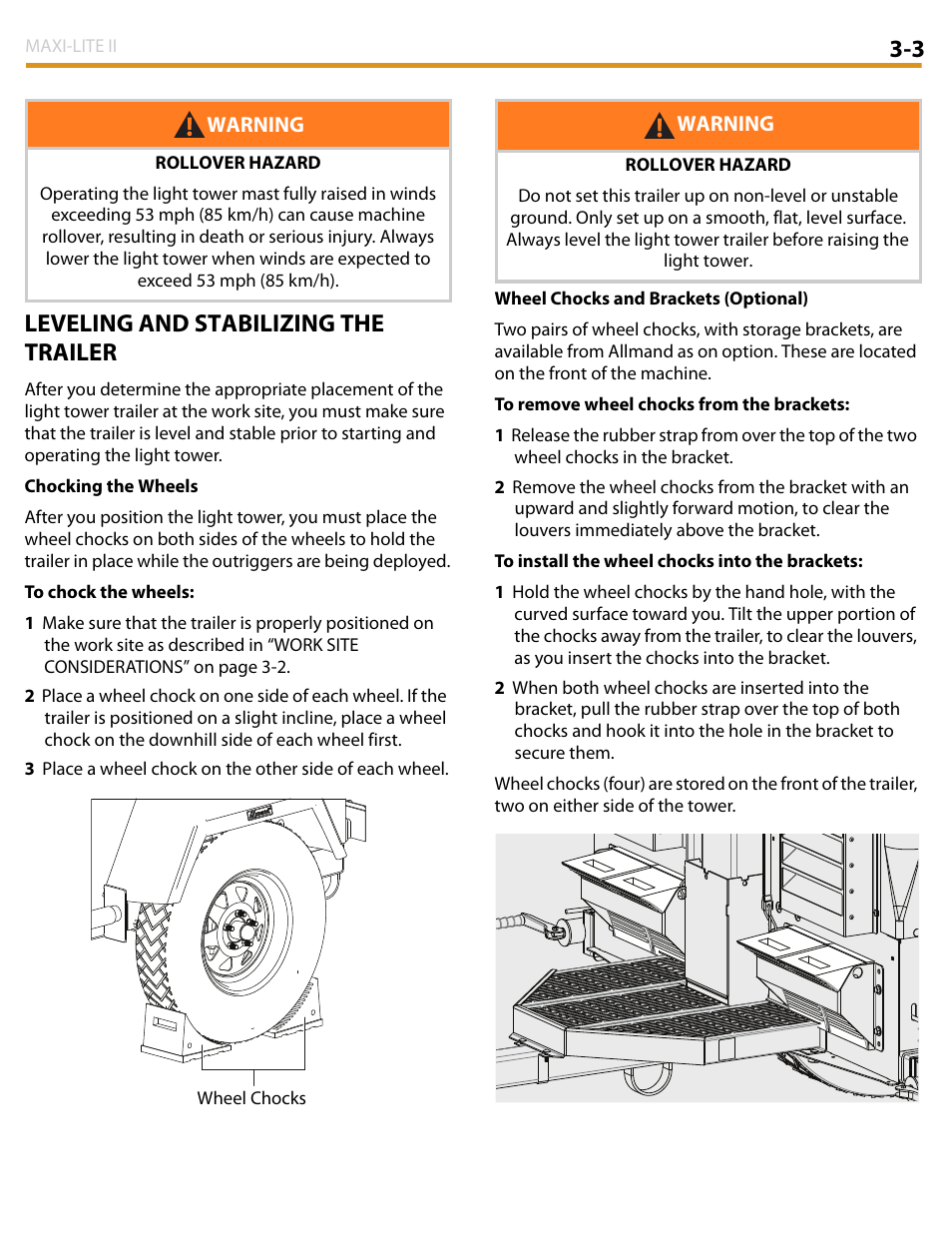 3 leveling and stabilizing the trailer | Allmand Brothers MAXI LITE II User Manual | Page 28 / 80