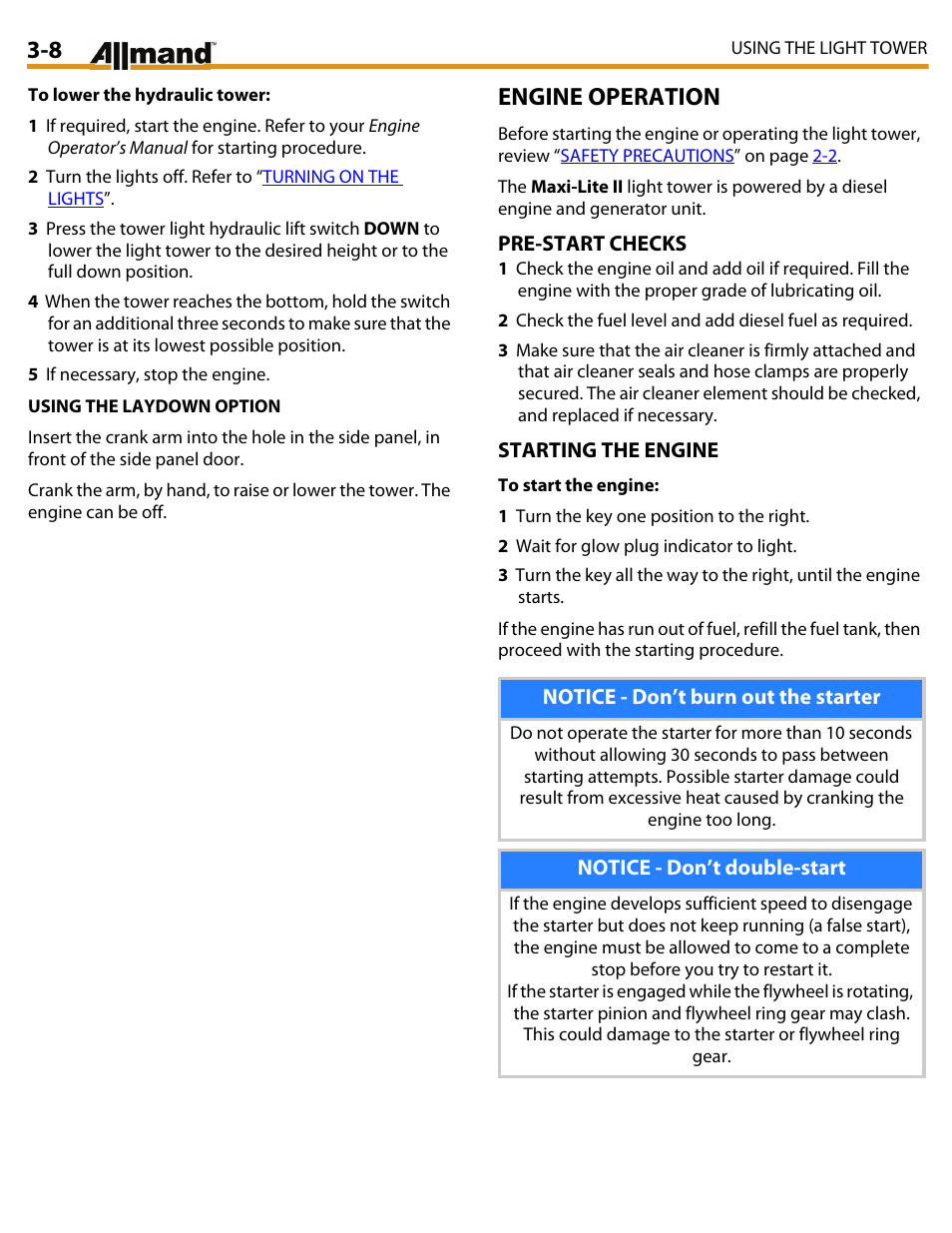 Engine operation | Allmand Brothers MAXI LITE II User Manual | Page 33 / 80