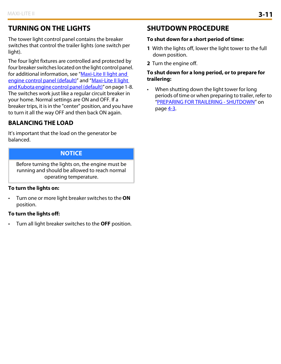 11 turning on the lights, Shutdown procedure | Allmand Brothers MAXI LITE II User Manual | Page 36 / 80