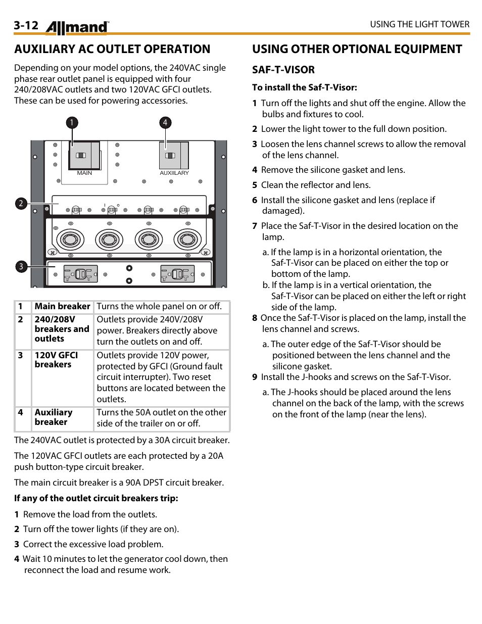 Auxiliary ac outlet operation, Using other optional equipment | Allmand Brothers MAXI LITE II User Manual | Page 37 / 80
