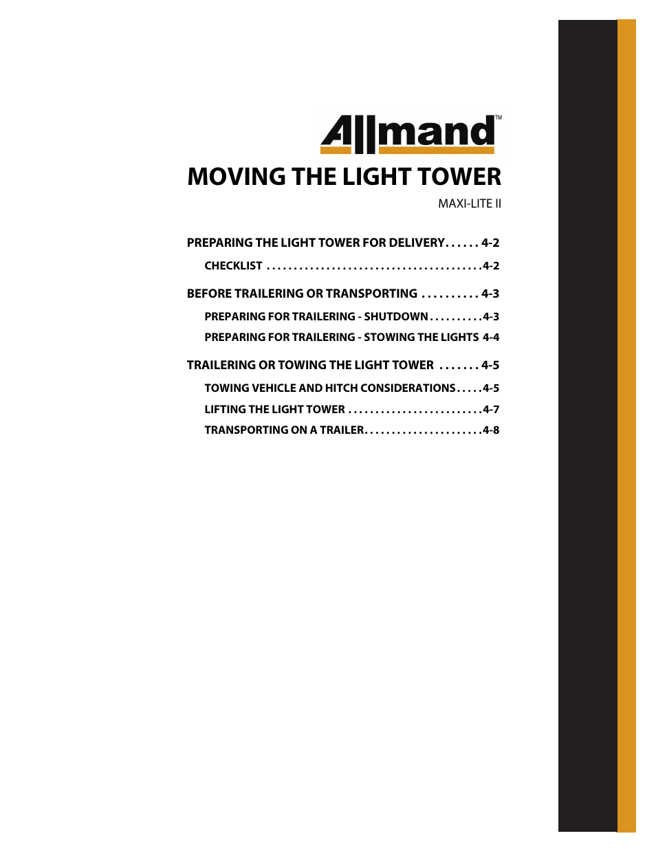 Moving the light tower | Allmand Brothers MAXI LITE II User Manual | Page 38 / 80