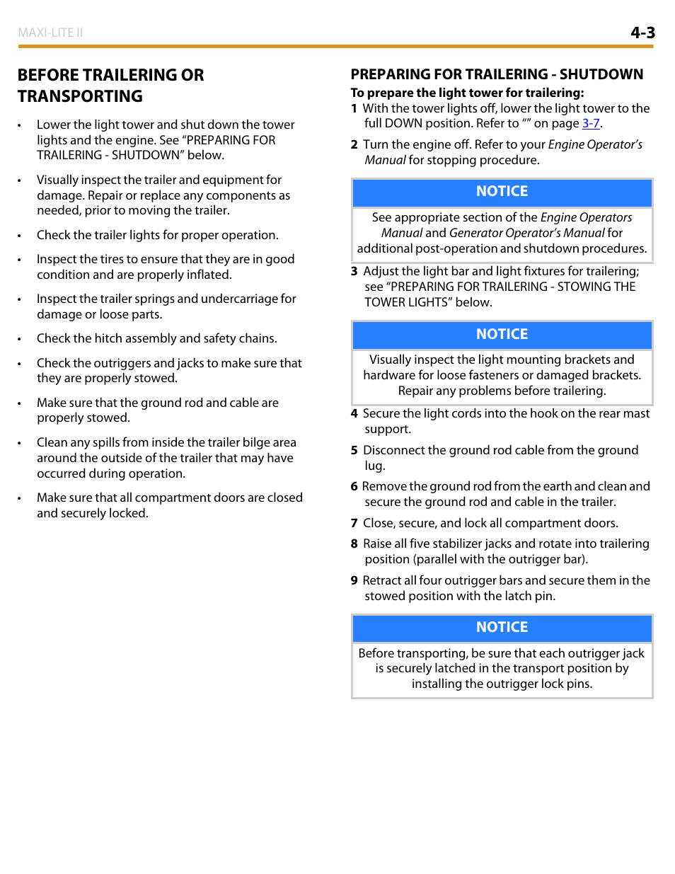 3 before trailering or transporting | Allmand Brothers MAXI LITE II User Manual | Page 40 / 80