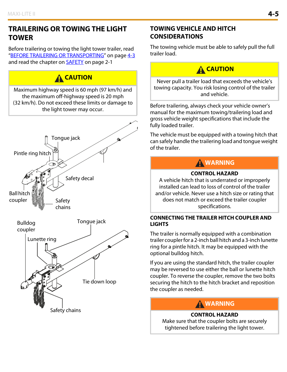 5 trailering or towing the light tower | Allmand Brothers MAXI LITE II User Manual | Page 42 / 80