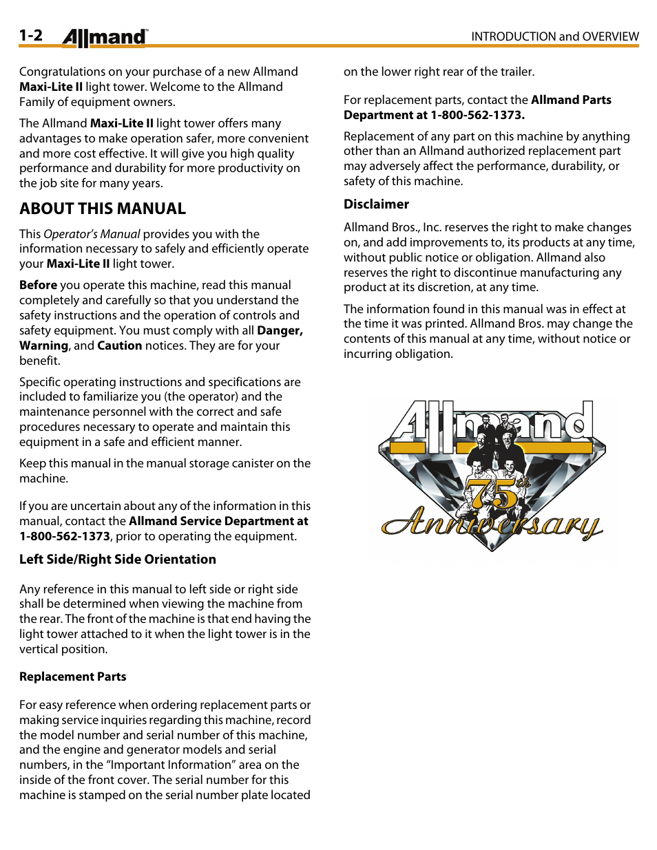 About this manual | Allmand Brothers MAXI LITE II User Manual | Page 5 / 80