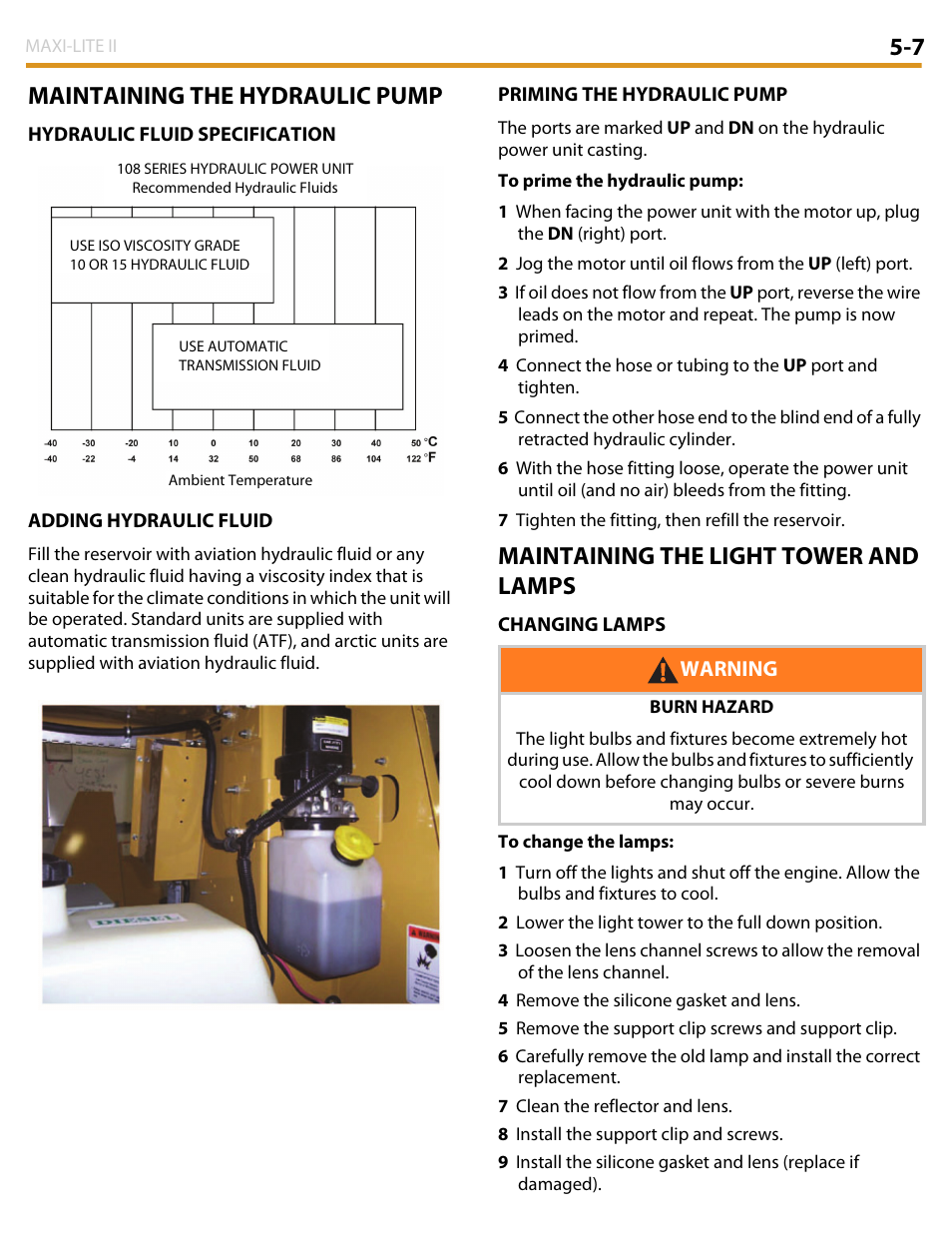 7 maintaining the hydraulic pump, Maintaining the light tower and lamps | Allmand Brothers MAXI LITE II User Manual | Page 52 / 80