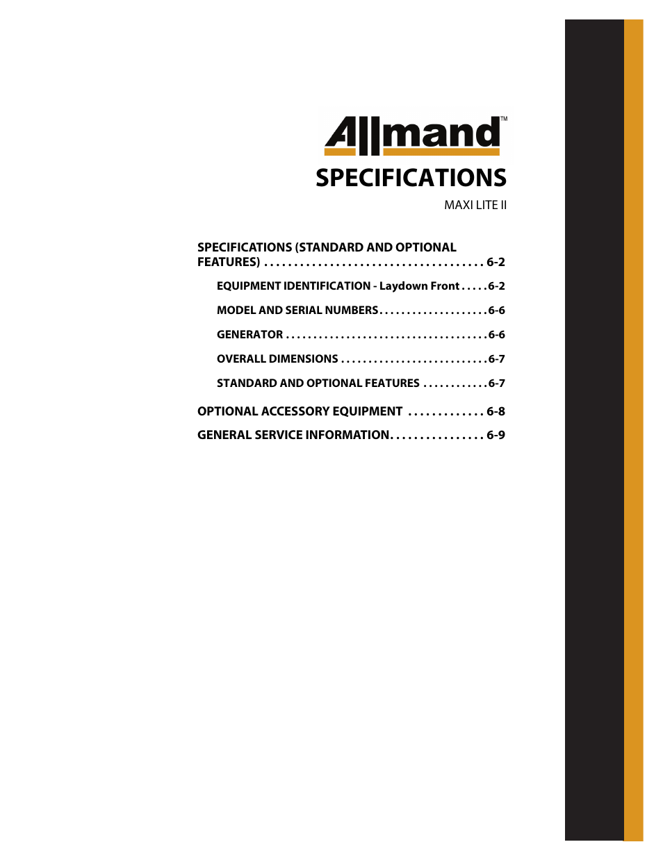 Specifications | Allmand Brothers MAXI LITE II User Manual | Page 58 / 80