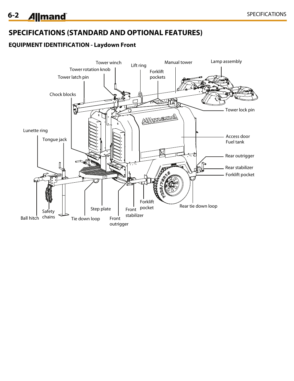 Specifications (standard and optional features), Equipment identification - laydown front | Allmand Brothers MAXI LITE II User Manual | Page 59 / 80
