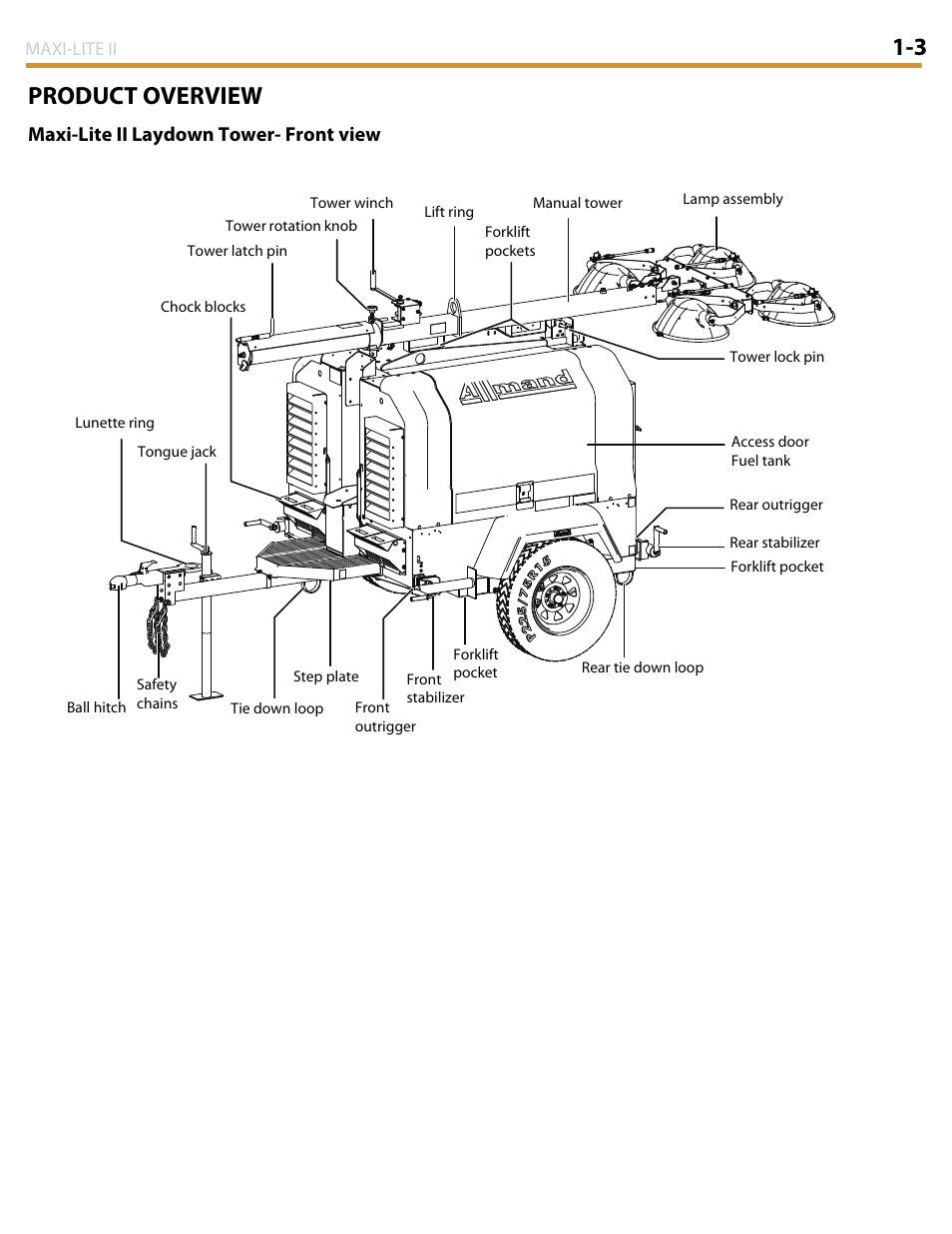 3 product overview, Maxi-lite ii laydown tower- front view | Allmand Brothers MAXI LITE II User Manual | Page 6 / 80