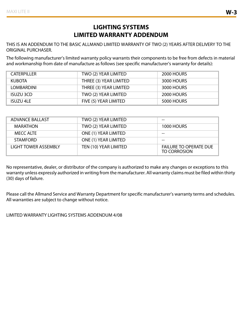 W-3 lighting systems limited warranty addendum | Allmand Brothers MAXI LITE II User Manual | Page 78 / 80