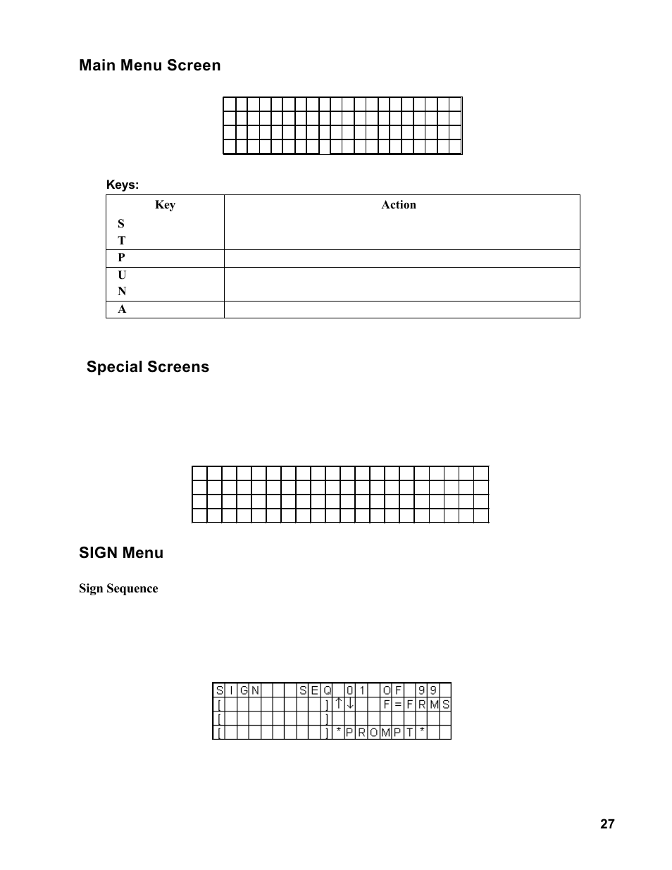 Main menu screen, Special screens, Sign menu | Allmand Brothers MB 6200 User Manual | Page 27 / 76