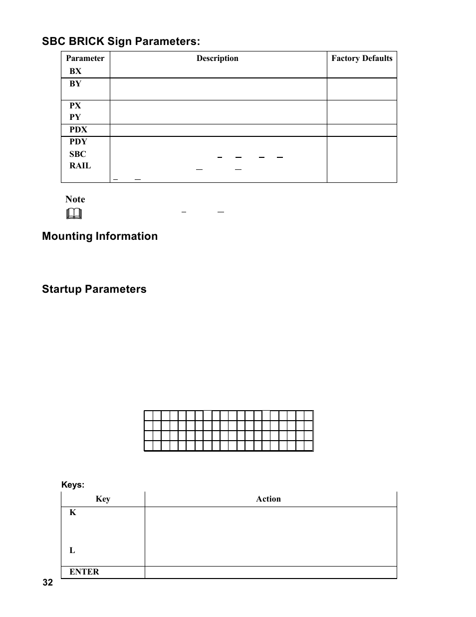 Sbc brick sign parameters, Mounting information, Startup parameters | Allmand Brothers MB 6200 User Manual | Page 32 / 76