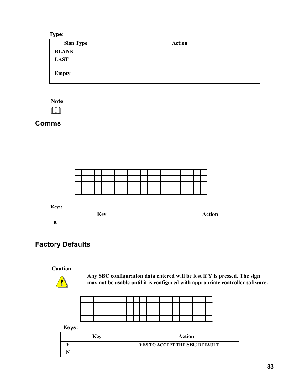 Comms, Factory defaults | Allmand Brothers MB 6200 User Manual | Page 33 / 76