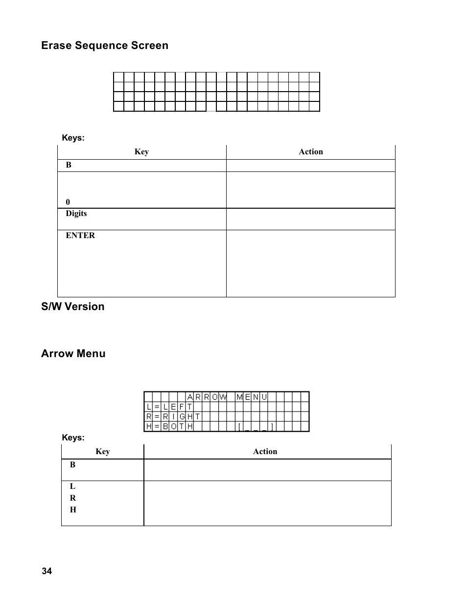 Erase sequence screen, S/w version, Arrow menu | Allmand Brothers MB 6200 User Manual | Page 34 / 76