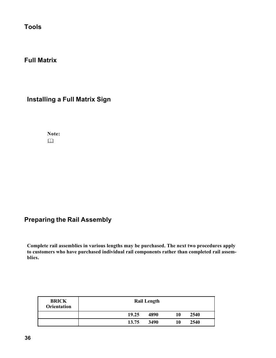 Tools, Full matrix, Installing a full matrix sign | Preparing the rail assembly | Allmand Brothers MB 6200 User Manual | Page 36 / 76