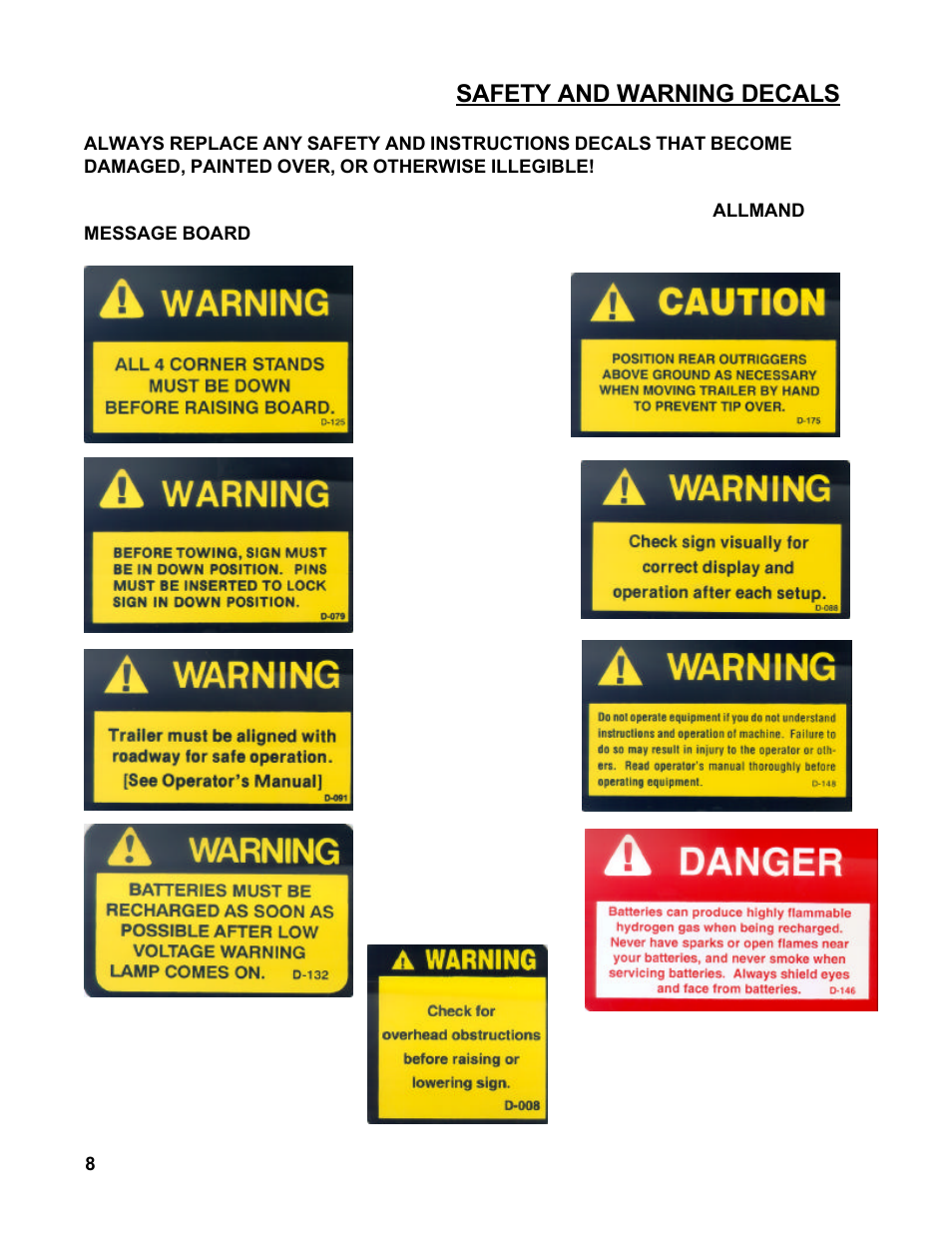 Safety and warning decals | Allmand Brothers MB 6200 User Manual | Page 8 / 76