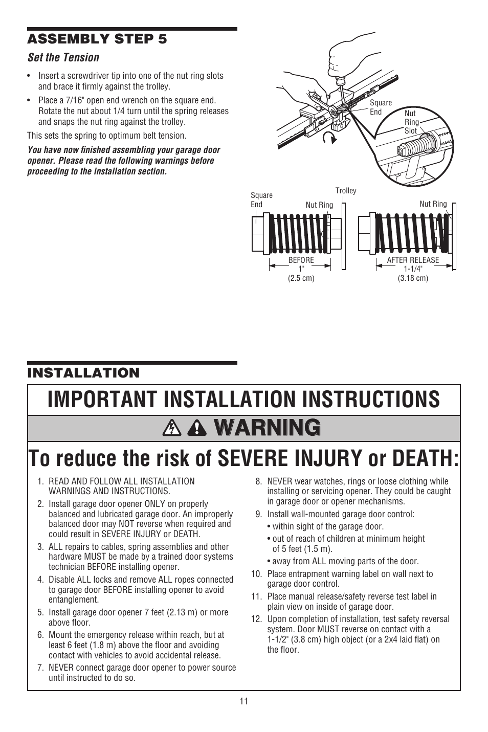 Set the tension, Installation, Assembly step 5 | Chamberlain 248739 User Manual | Page 11 / 44