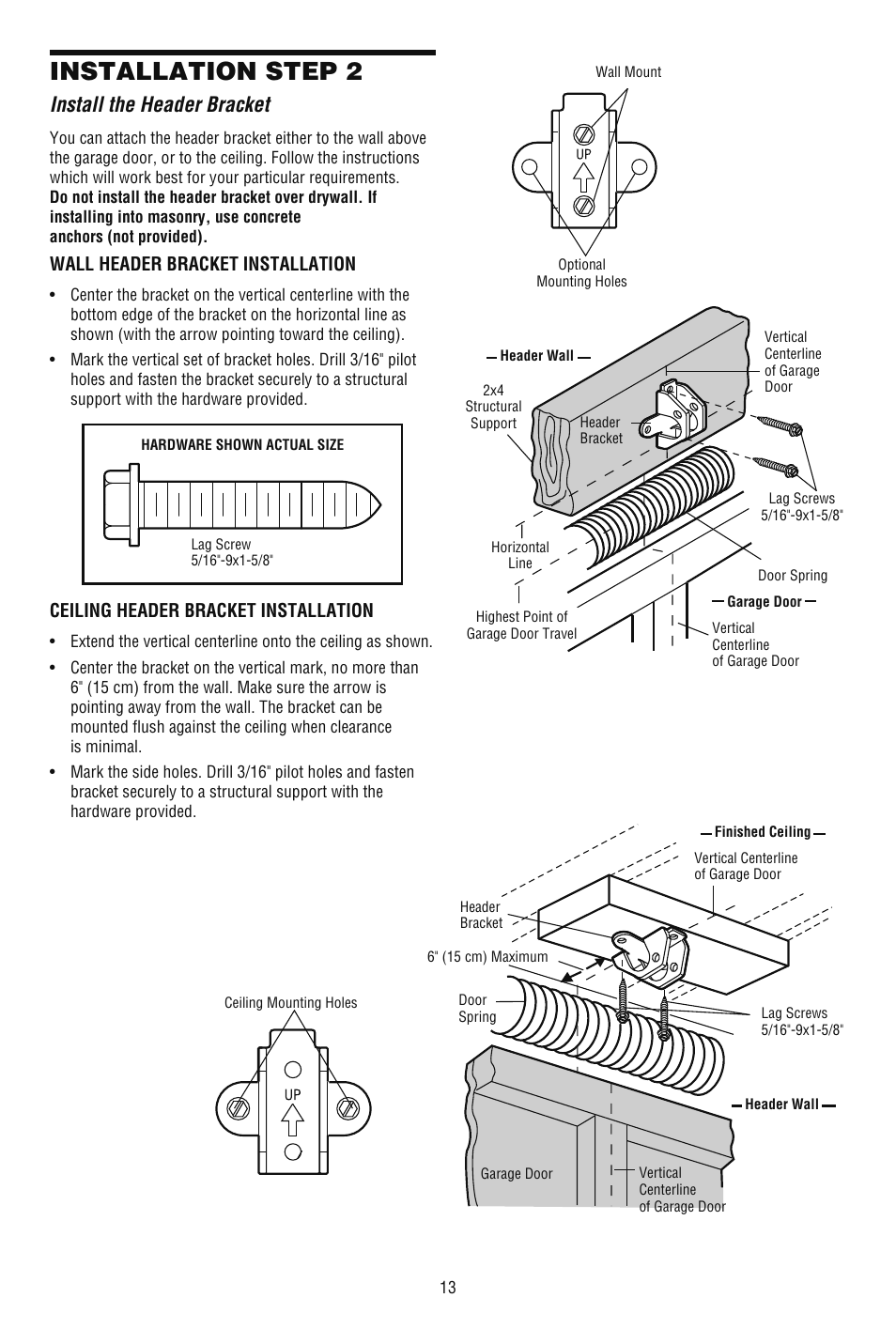 Install the header bracket, Installation step 2 | Chamberlain 248739 User Manual | Page 13 / 44