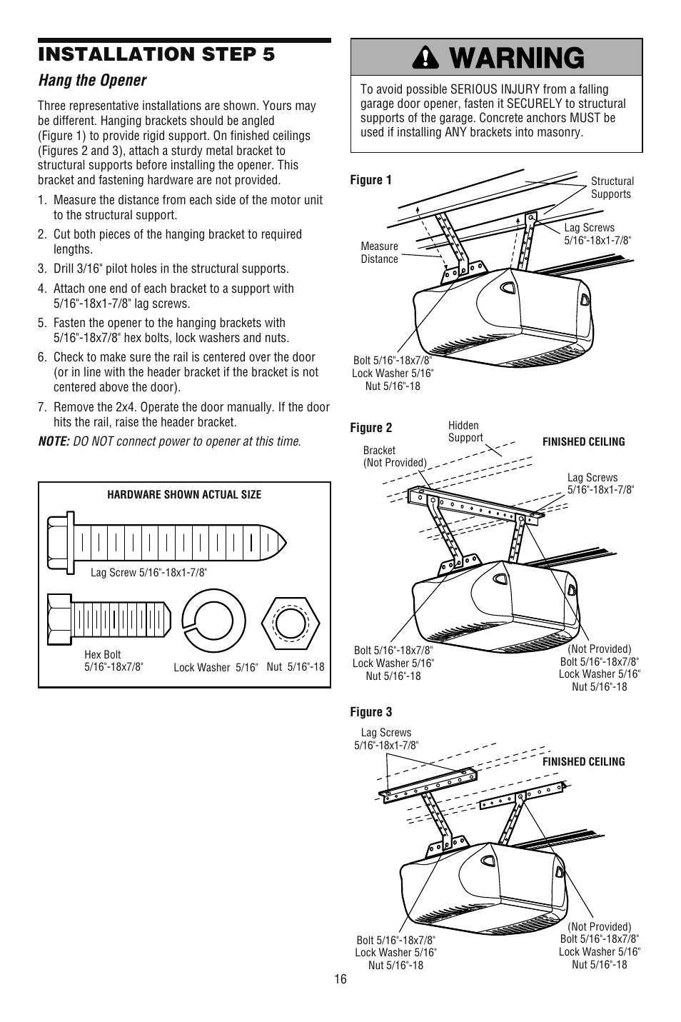 Hang the opener, Installation step 5 | Chamberlain 248739 User Manual | Page 16 / 44