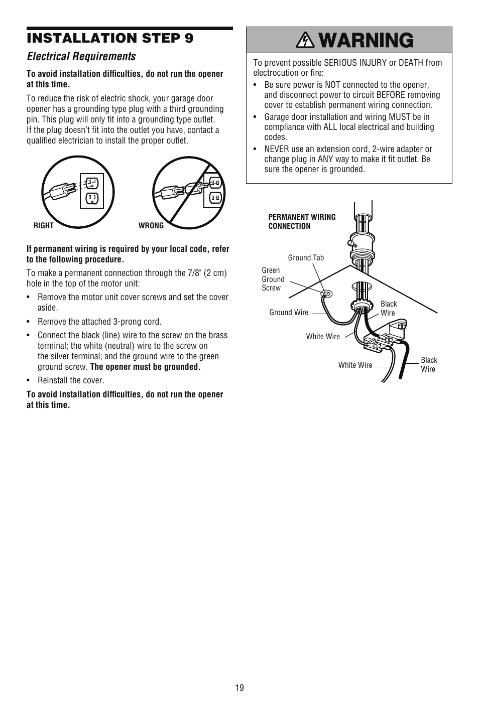 Electrical requirements, Installation step 9 | Chamberlain 248739 User Manual | Page 19 / 44