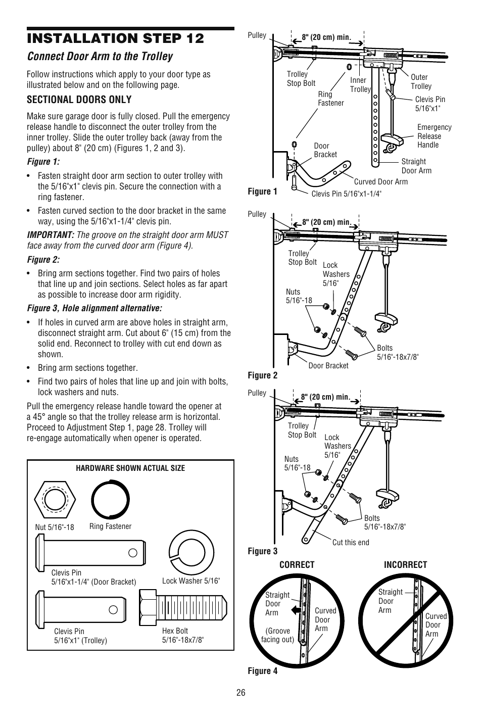 Connect door arm to the trolley, Installation step 12 | Chamberlain 248739 User Manual | Page 26 / 44