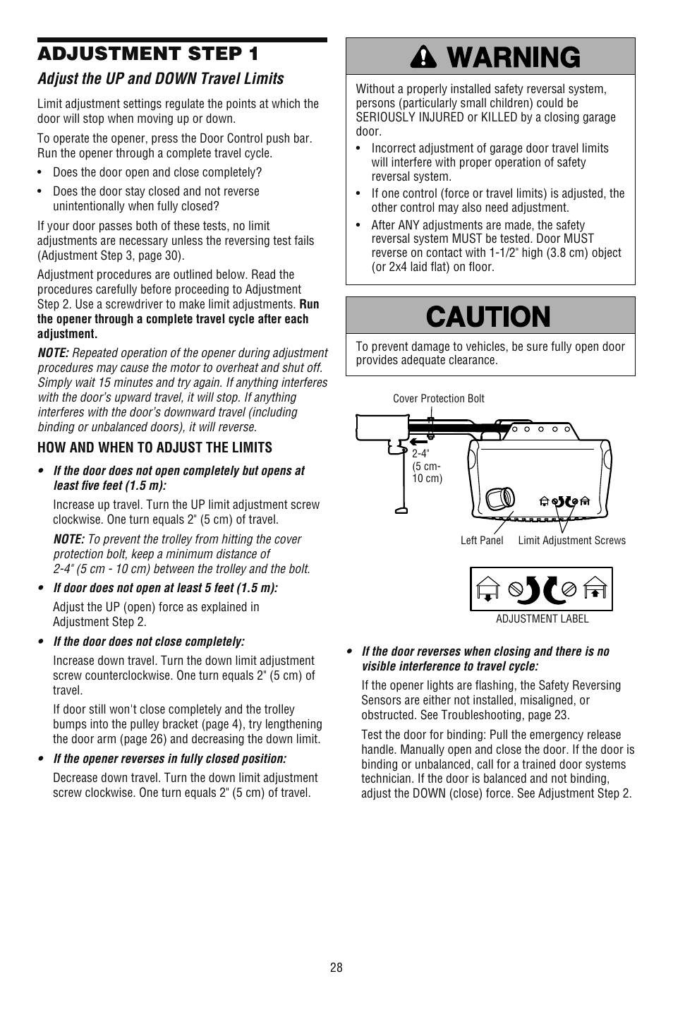 Adjustment, Adjust the up and down travel limits, Adjustment step 1 | Chamberlain 248739 User Manual | Page 28 / 44