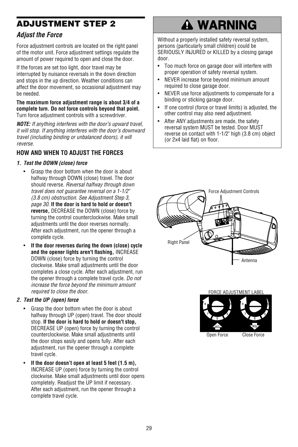 Adjust the force, Adjustment step 2 | Chamberlain 248739 User Manual | Page 29 / 44