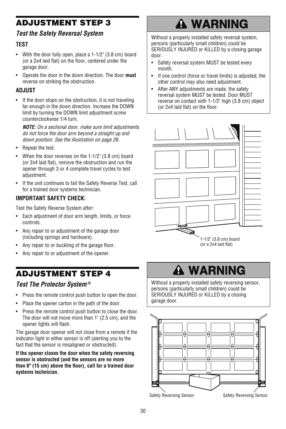 Test the safety reversal system, Test the protector system, Adjustment step 3 | Adjustment step 4 | Chamberlain 248739 User Manual | Page 30 / 44