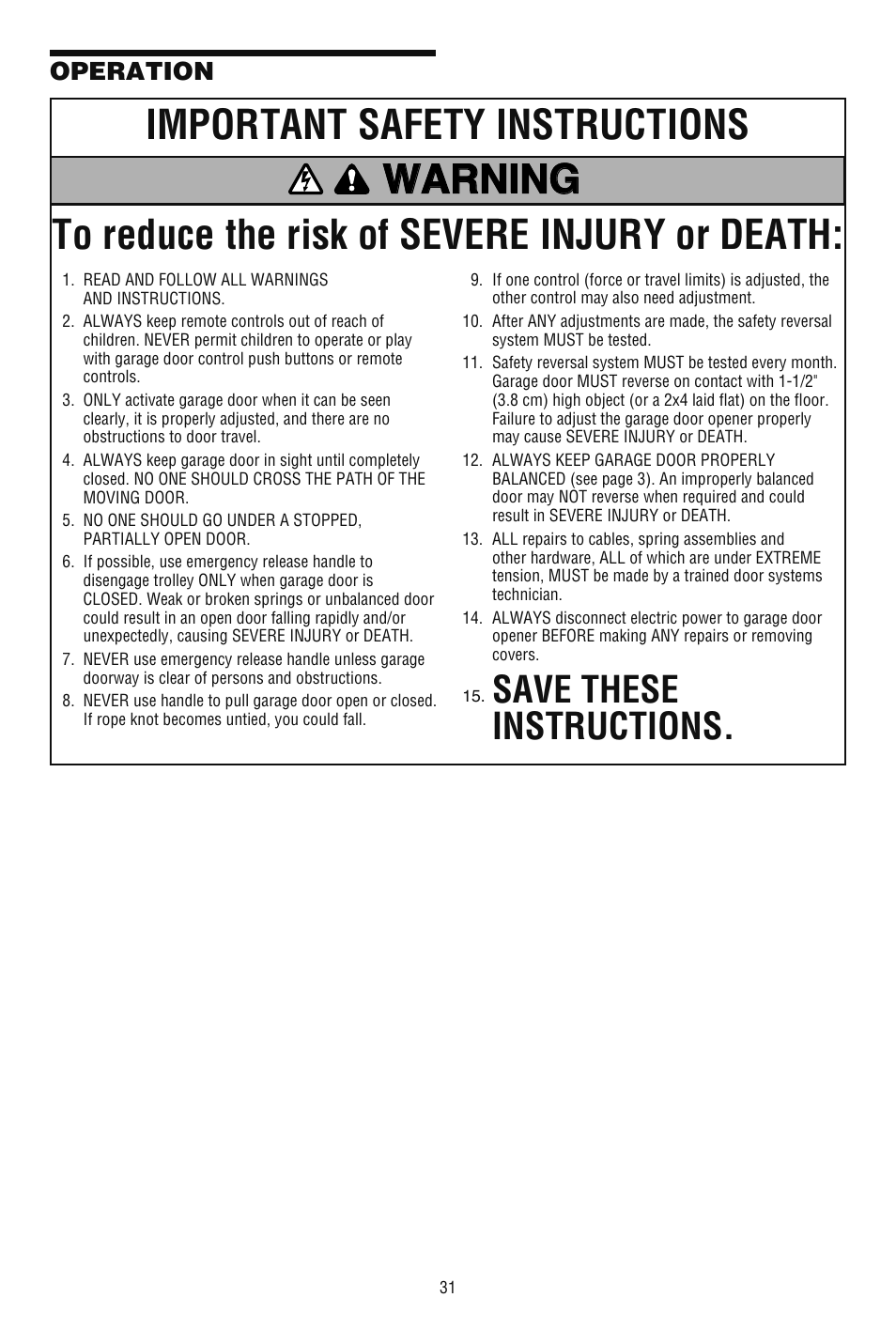 Operation, Important safety instructions, Save these instructions | Chamberlain 248739 User Manual | Page 31 / 44