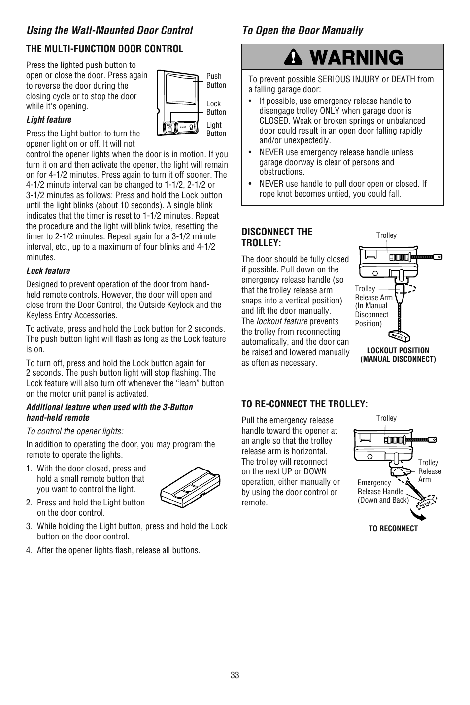 Using the wall-mounted door control, To open the door manually | Chamberlain 248739 User Manual | Page 33 / 44