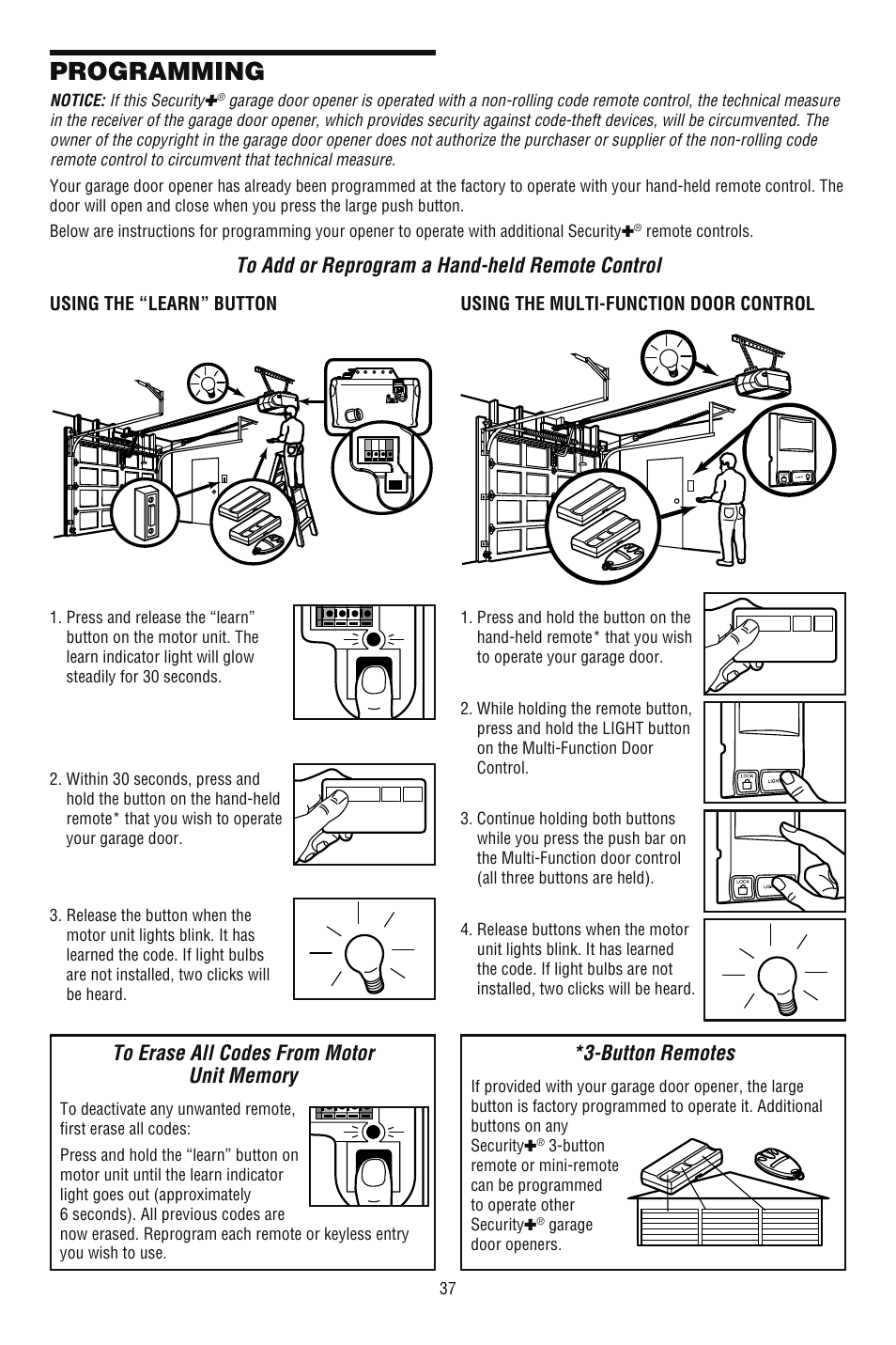 Programming, To add or reprogram a hand-held remote control, To erase all codes from motorunit memory | Button remotes | Chamberlain 248739 User Manual | Page 37 / 44