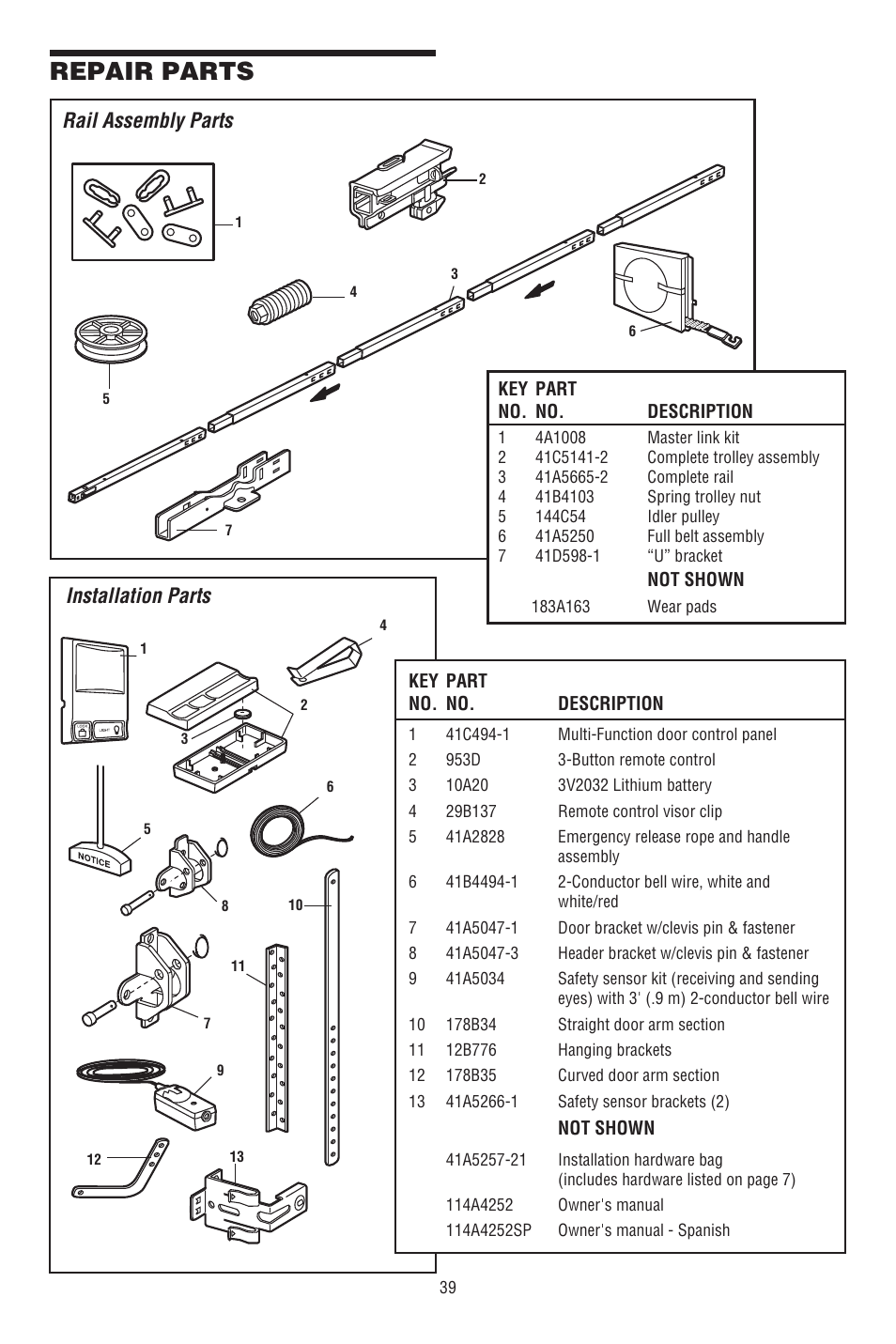 Repair parts, Rail assembly parts, Installation parts | Chamberlain 248739 User Manual | Page 39 / 44