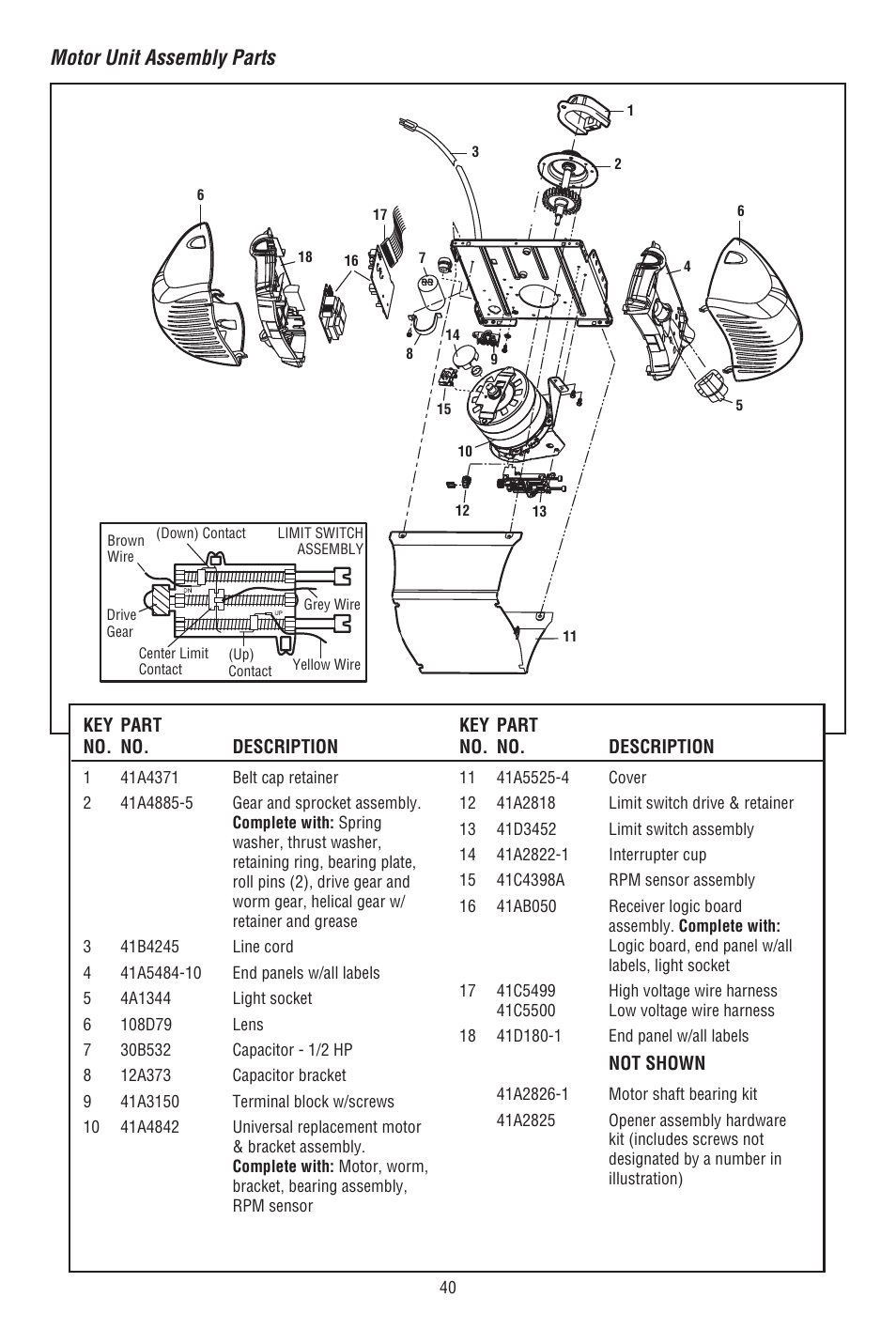 Motor unit assembly parts | Chamberlain 248739 User Manual | Page 40 / 44