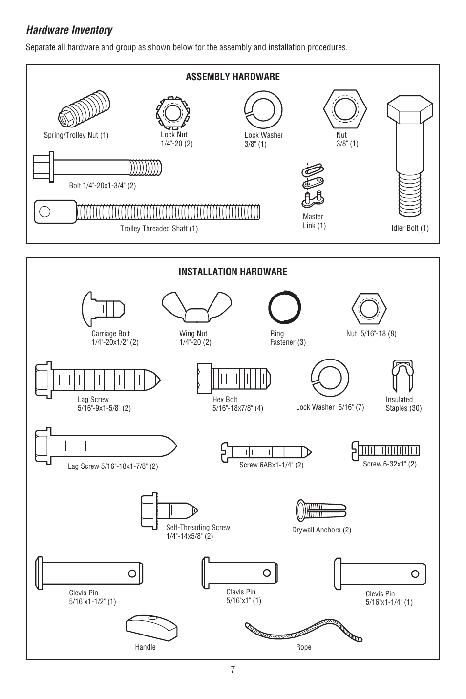 Hardware inventory | Chamberlain 248739 User Manual | Page 7 / 44