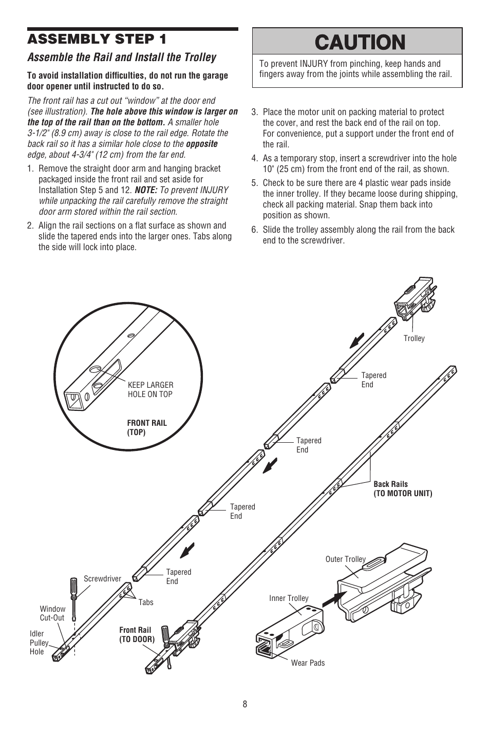 Assembly, Assemble the rail and install the trolley, Assembly step 1 | Chamberlain 248739 User Manual | Page 8 / 44